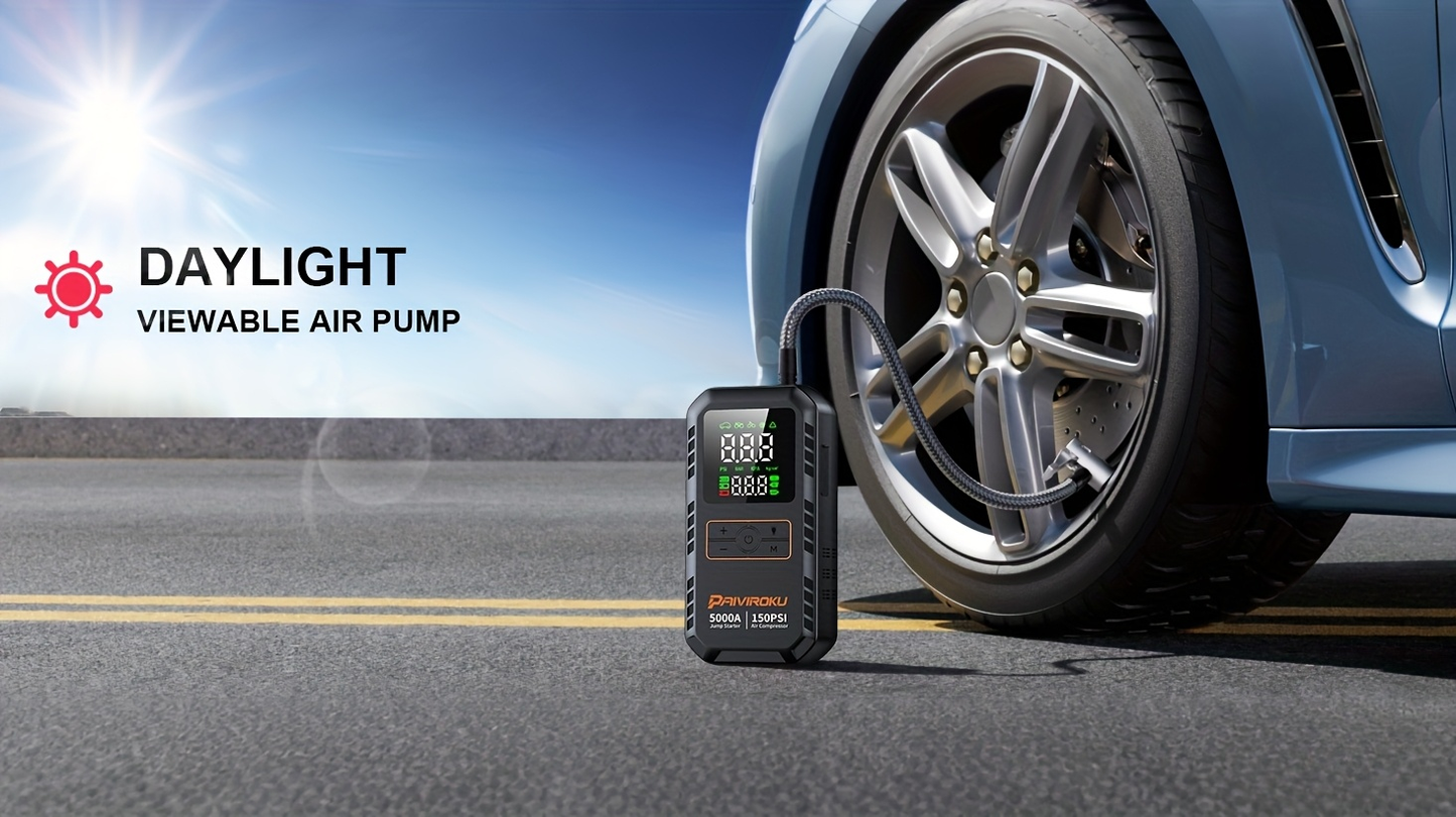 5000A Car Jump Starter with 150 PSI Digital Tire Inflator, 12V Clamps and 44.4Wh, 59.2Wh or 74Wh Options
