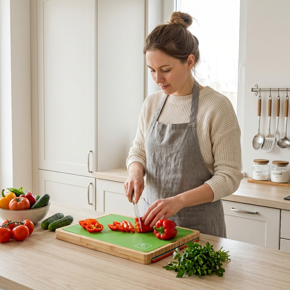 Bamboo Cutting Board Set with Six Color-Coded Flexible Prep Mats and One-Piece or Seven-Piece Options