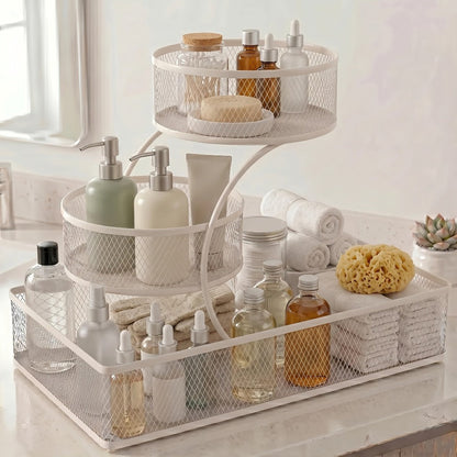 Bathroom Storage Rack 3-Tier Metal Countertop Organizer with Spray Bottle & Hooks – Rust-Resistant Diamond Mesh Shelf for Vanity, Skincare, Cosmetics & Toiletries