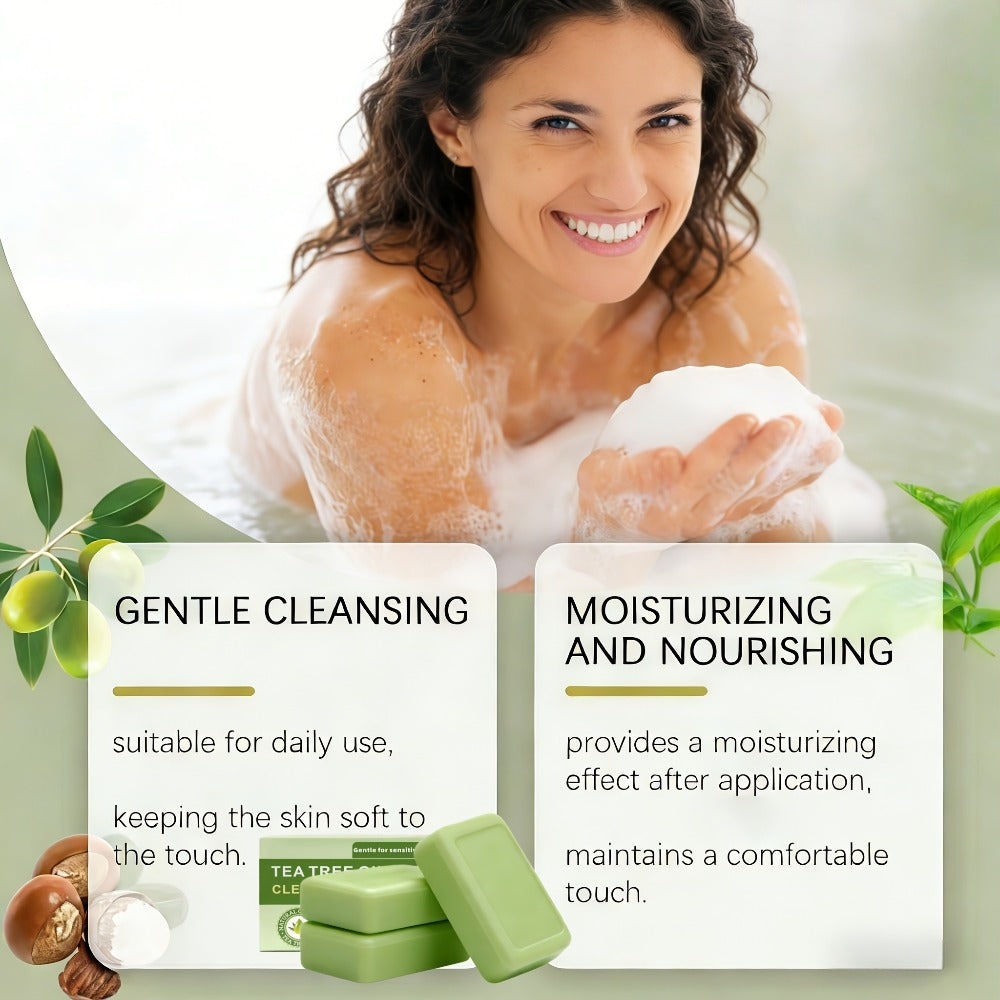 Tea Tree Bar Soap, Three-Pack of Green Plant-Essence-Labeled Bars for Face and Body Washing