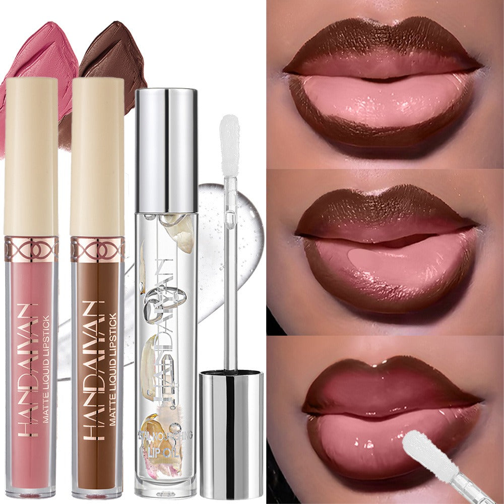 Three-Tube Lip Makeup Set with Clear Silver-Cap Tube and Coordinated Color Pair in Set A, B or C