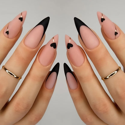 Press On Nails 144-Piece Short Almond Set with Pink Flowers, Rhinestones, Black French Tips and Glue