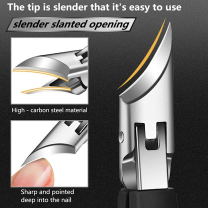 Wide-Jaw Nail Clipper Set, Six-Piece Black-Handle Kit with Curved, Slanted and Narrow Tools, Lifter, File and Storage Pouch