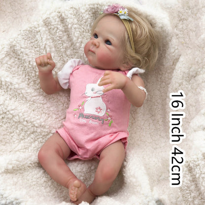 Reborn Baby Doll 16-Inch Cloth Body with Rooted Blonde Hair, Open Eyes, Pink Romper and Pacifier Set