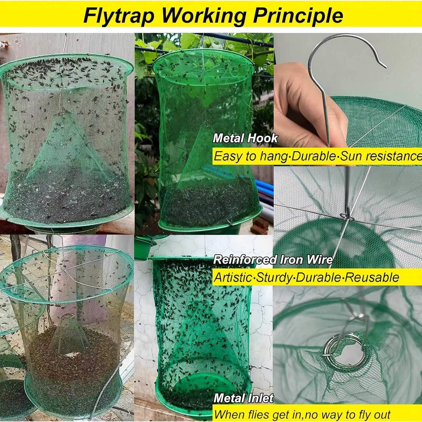 Green Hanging Mesh Fly Trap Cages with Removable Bait Bowls in Two-Pack or Four-Pack Options