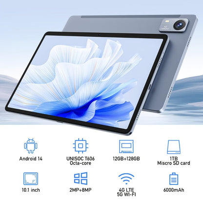 4G LTE Tablet 10.1 Inch Android 14 14GB RAM 256GB ROM 1TB Expandable Dual SIM Phone Call 5G WiFi Octa-Core T606 InCell Display Face Recognition Gaming Office Entertainment Tablet – Unlocked