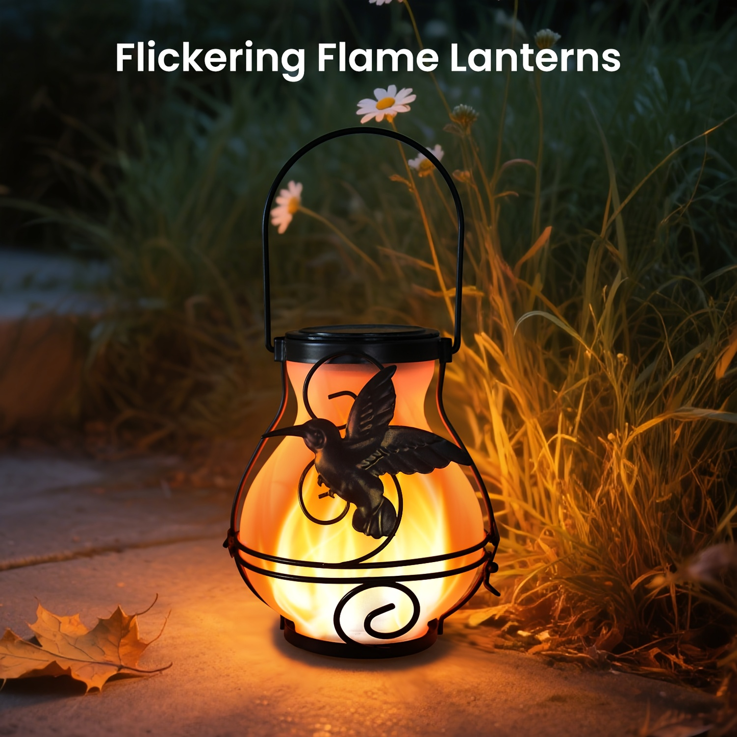 Solar Outdoor Lights Hummingbird Flickering Flame Hanging Lanterns, IP44, 2- or 4-Pack for Yard Decor