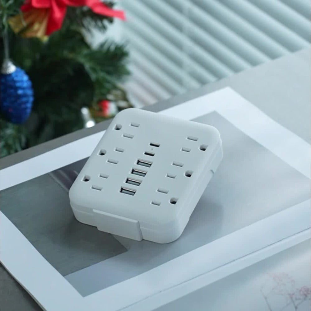 Power Strip Bedside Wall Extender 12-in-1 with 6 AC Outlets, 4 USB-A, 2 USB-C and Cord-Free Plug-In Design