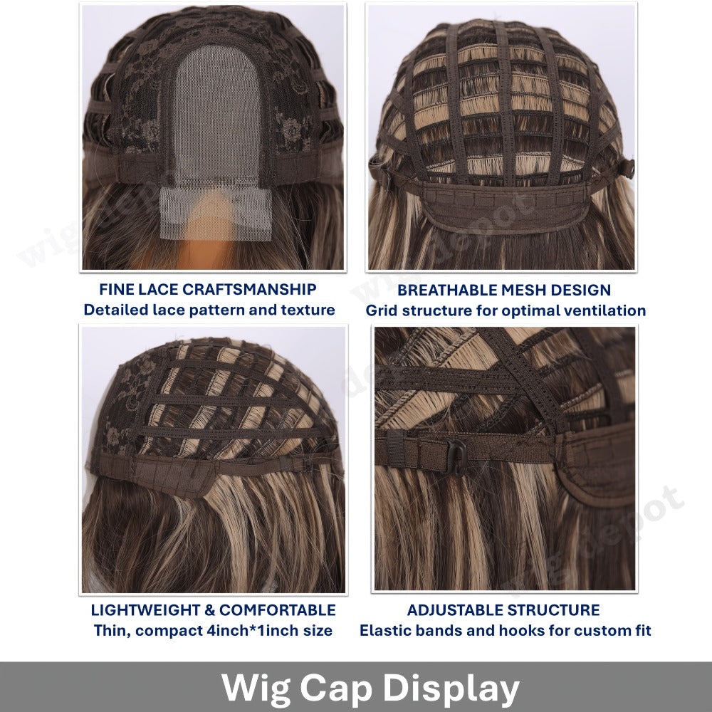 U Part Lace Front Bob Wig 4x1 Glueless Rose Net Cap Middle Part Natural Hairline Synthetic Wig for Women 14 Inch Brown Highlights Milky White Black Pink