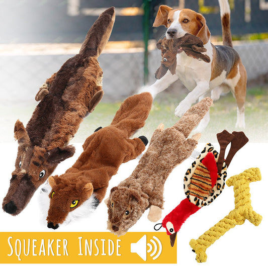 Dog Toys Five-Piece Stuffing-Free Plush Animal Set with Two Squeakers per Toy and Bonus Cotton Rope
