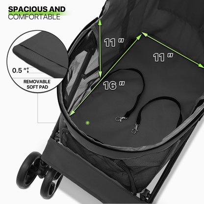 Four-Wheel Pet Stroller with Mesh Cabin, Folding Frame, Lower Basket and Ten Color or Print Options