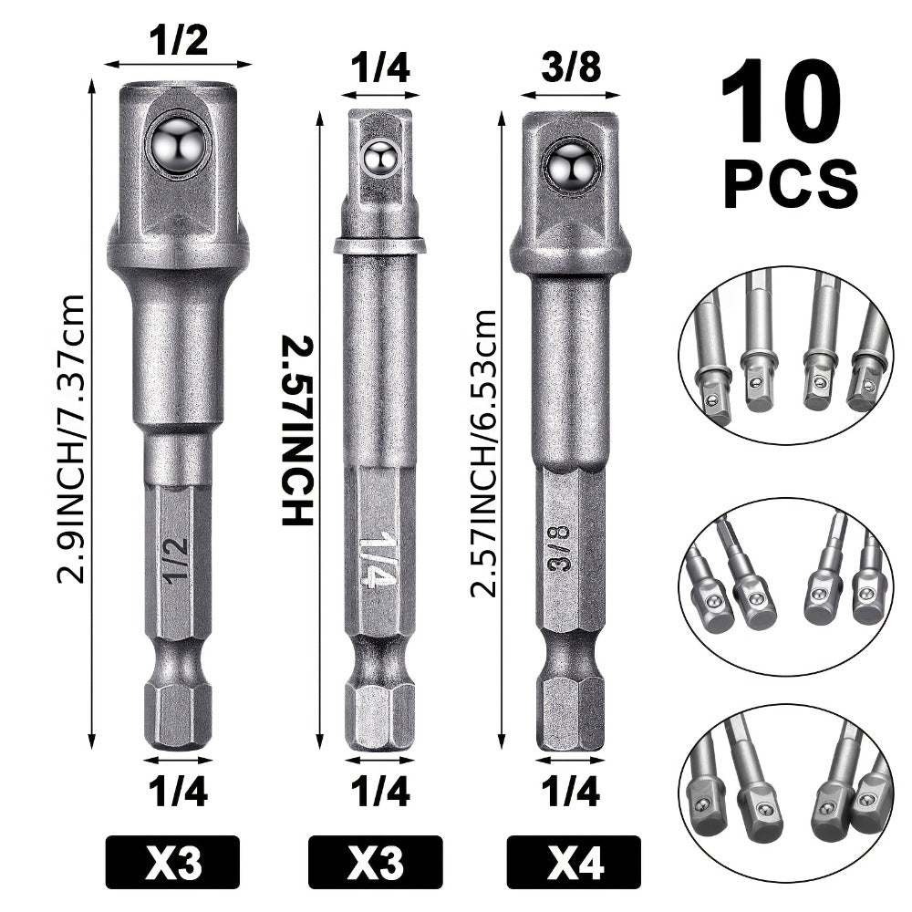 Impact Socket Adapter Set - 1/2" 3/8" 1/4" Square Drive Hex Bit Adapter for Drills & Impact Drivers, Extension Socket Converter for Automotive & DIY Repair, Silver