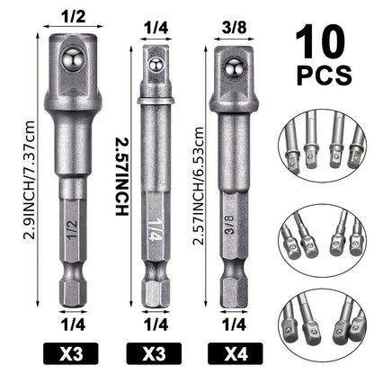 Impact Socket Adapter Set - 1/2" 3/8" 1/4" Square Drive Hex Bit Adapter for Drills & Impact Drivers, Extension Socket Converter for Automotive & DIY Repair, Silver