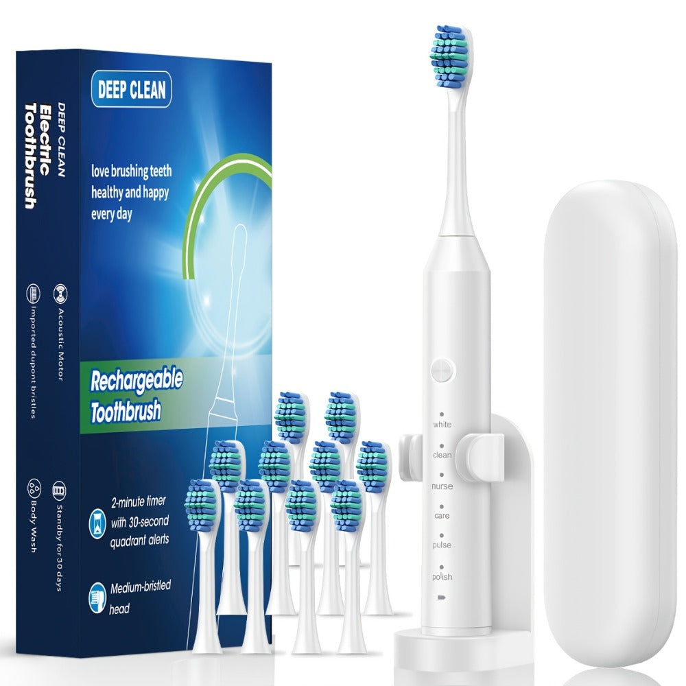 Electric Toothbrush with Six Modes, 500mAh Battery, USB Charging and Four or Eight Brush Head Bundles