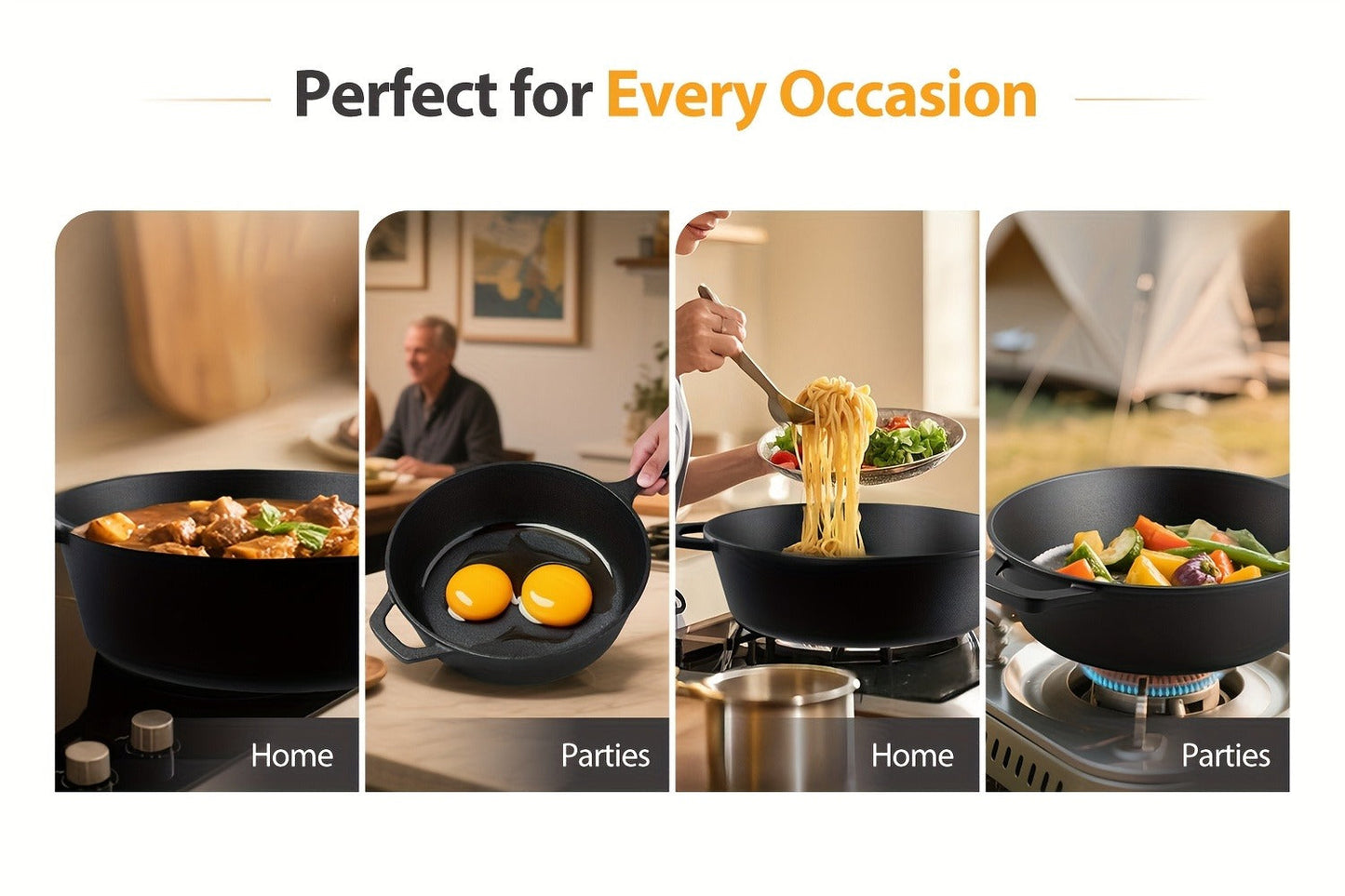 Cast Iron Dutch Oven & Frying Pan Set – Pre-Seasoned 2-in-1 Cookware, Deep Pan + Skillet for Stovetop, Induction, Oven, BBQ & Outdoor Cooking, Multi-Purpose Pots and Pans Set