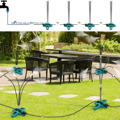 Standing Outdoor Misting Sprinkler with Multiple Flexible Spray Arms and Pictured Patio Base for Garden Cooling