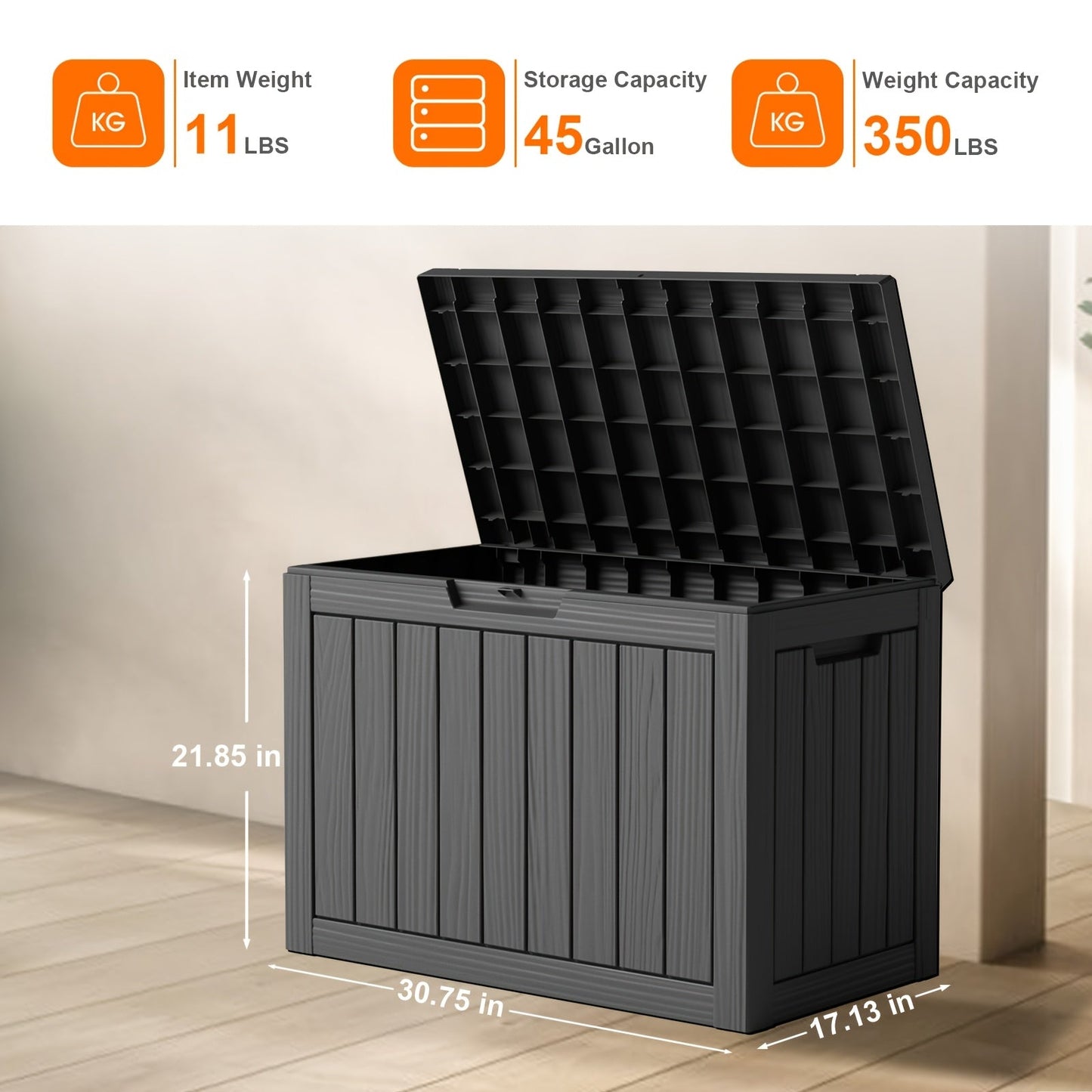 Molded-Panel Outdoor Storage Box with 36-, 45- or 51-Gallon Labels across Four Capacity-and-Color Models
