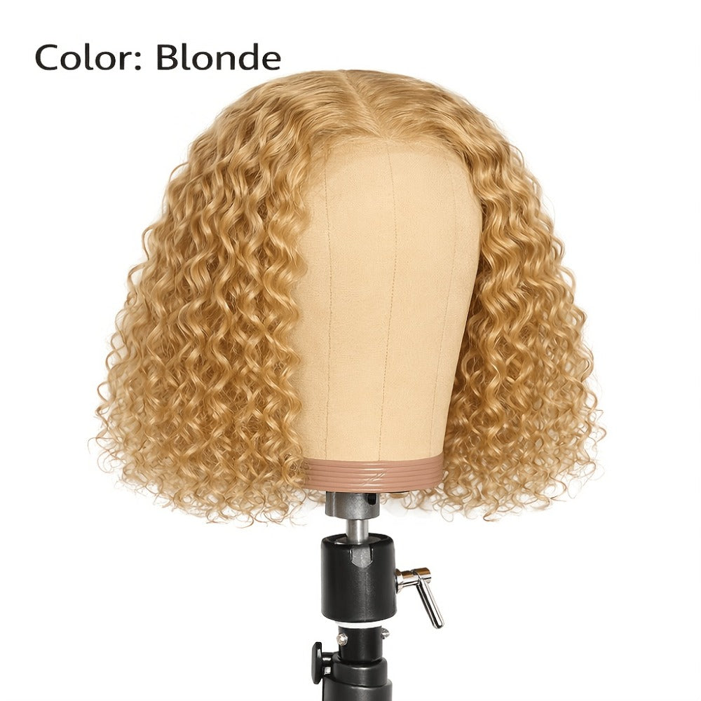 Synthetic Wig 14-Inch Deep-Wave Curly Bob with Glueless Rose Net Cap in Four Colors for Daily Style