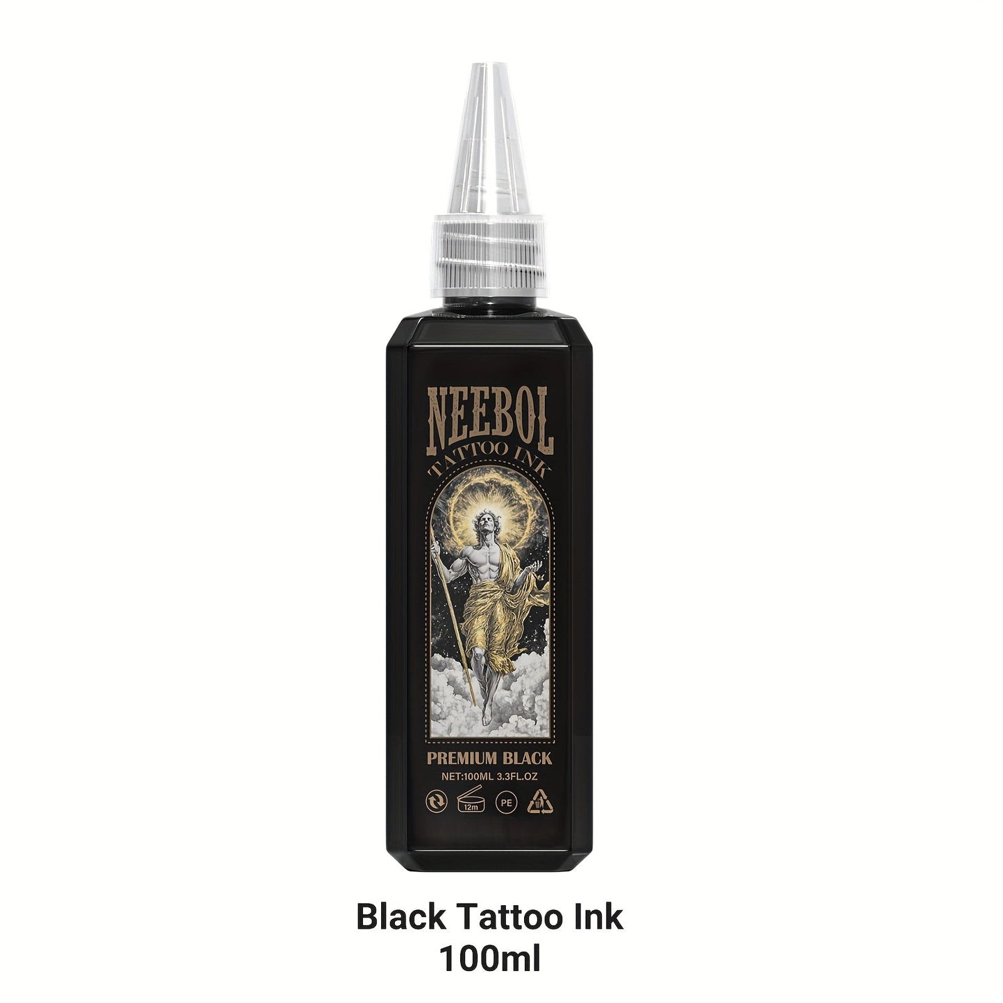 Black Tattoo Ink 3.38oz 100ml - Neebol Premium Super Dark Formula for Outlining Shading Blending, Long-Lasting Fade-Resistant Body Art Ink for Professional Tattoo Artists & Beginners