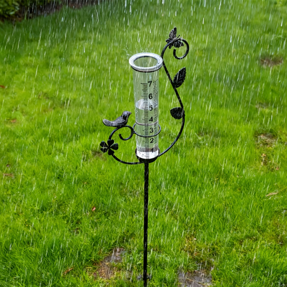 Decorative Eight-Inch Outdoor Rain Gauge with Bird Ornament and Spiral Metal Stake in Black or Bronze