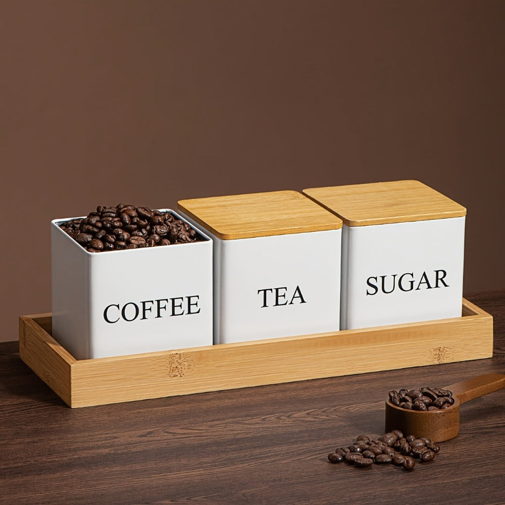 Three-Piece Black or White Ceramic-Style Kitchen Canister Set for Coffee, Tea, Sugar or Spices