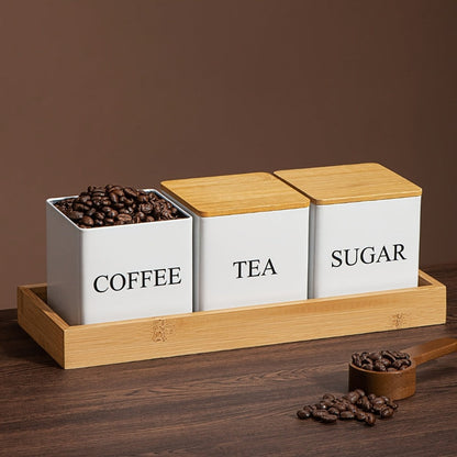Three-Piece Black or White Ceramic-Style Kitchen Canister Set for Coffee, Tea, Sugar or Spices