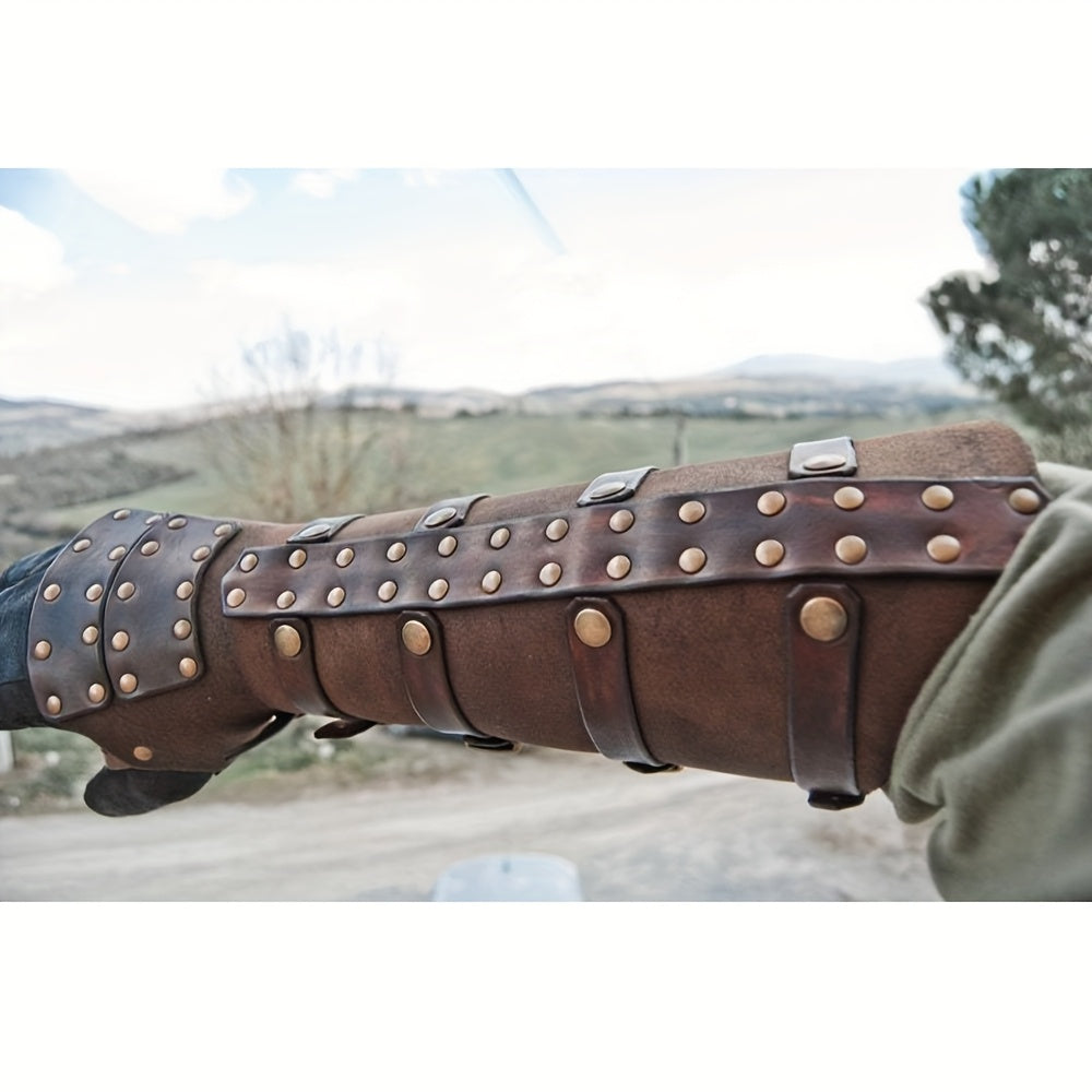 Riveted Costume Forearm Guard in Brown, Black or Coffee with Finger Loop and Buckled Strap Details