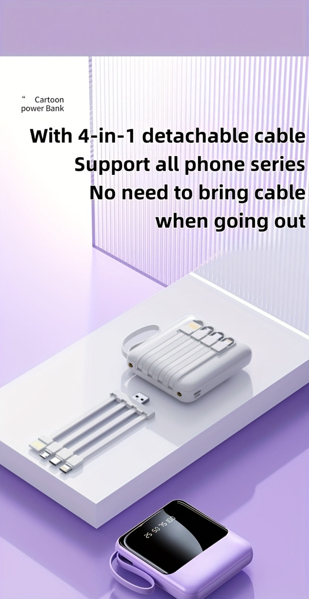 Power Bank 10000mAh with Built-In Cable Set, 5W/15W/22.5W Variants, Display and Lanyard for Travel