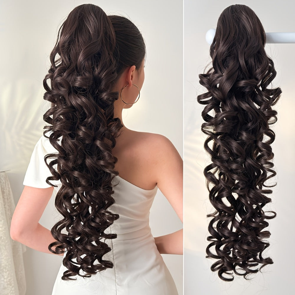 Curly Ponytail Extension 28 Inch Long Heat Resistant Synthetic Clip In Wrap Around Hairpiece Voluminous Bouncy Curls 4 Styles for Women Everyday Parties Festivals