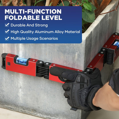 Red Folding Multi-Angle Bubble Level with Hinged Sections for Carpentry and Home DIY Layout