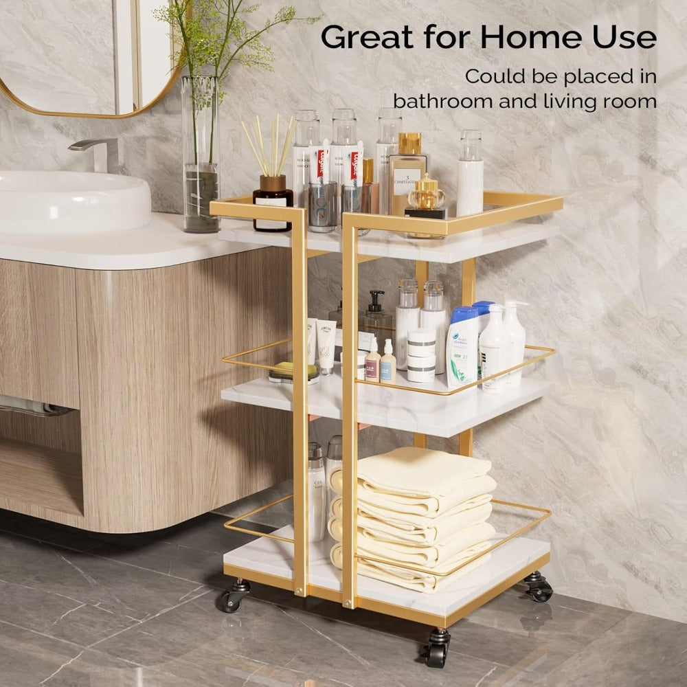 3-Shelf Rolling Salon Cart with Lockable Wheels 130lbs per Shelf – Heavy Duty Metal Frame Waterproof Utility Trolley for Esthetician, Spa, Tattoo, Massage & Manicure, Gold White Rose Gold Black