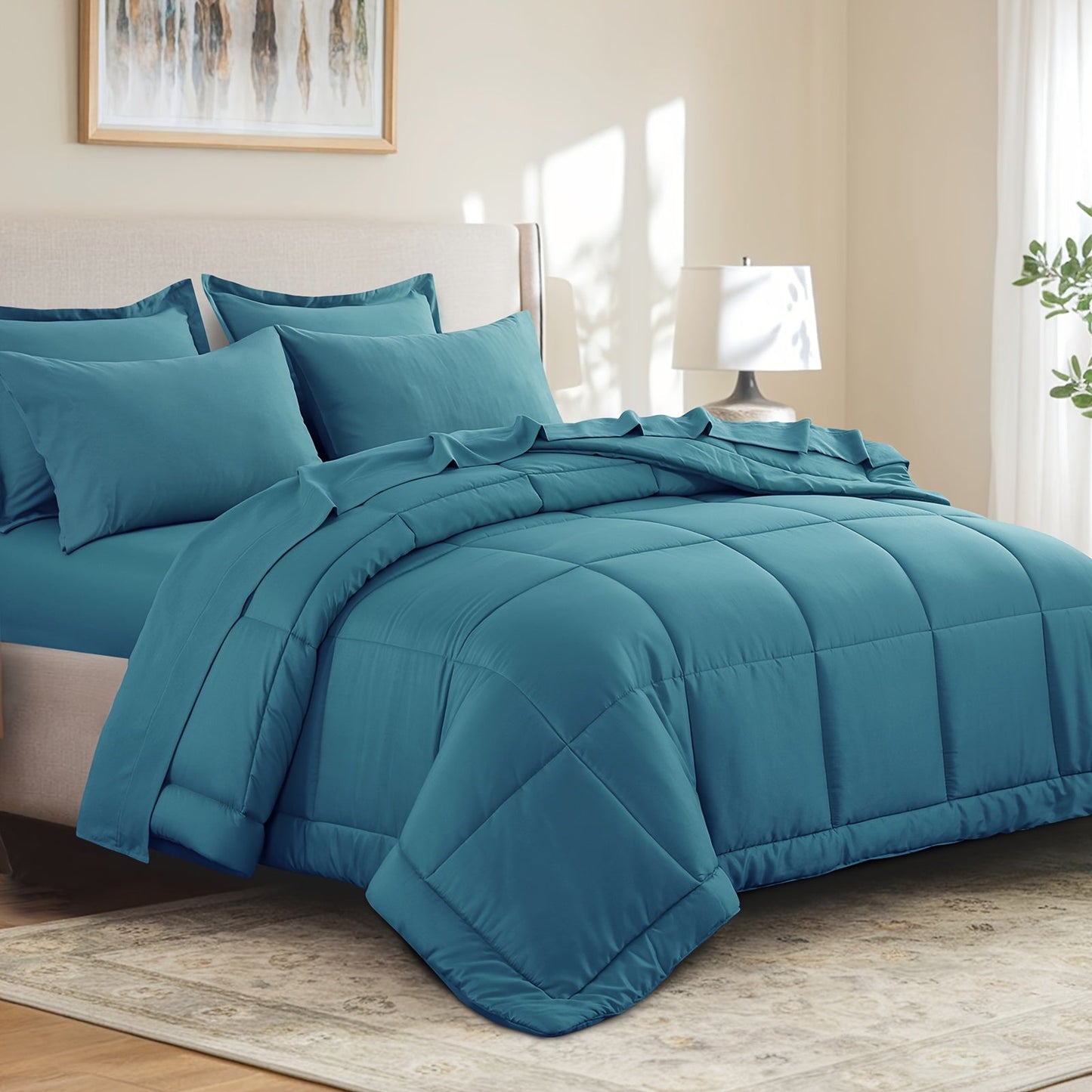 7 Piece Comforter Set Luxury Soft Fluffy Bedding All Season Bed in a Bag with Comforter Fitted Sheet Flat Sheet Pillowcases Hypoallergenic Breathable Easy Care Queen King Twin XL Full