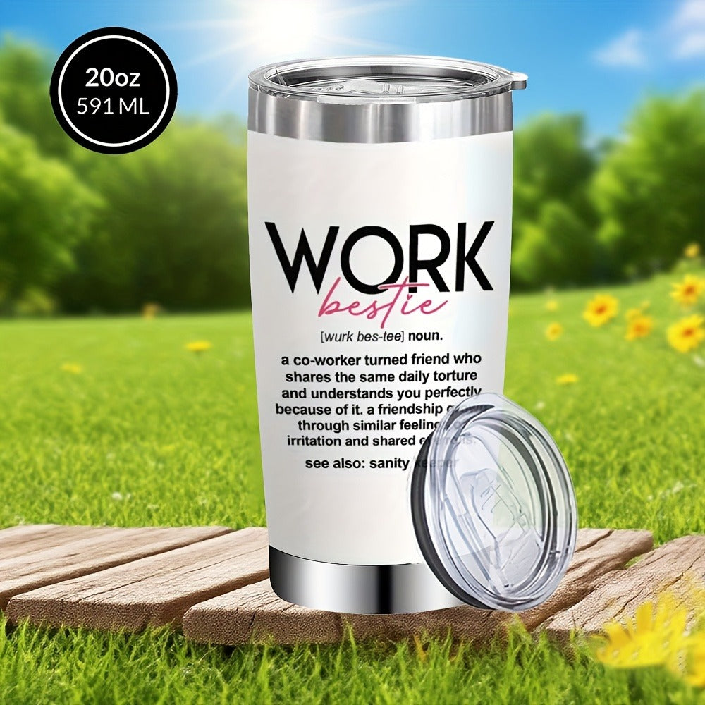 Insulated Tumbler 20oz Work Bestie Graphic in White 304 Stainless Steel with Lid and Straw