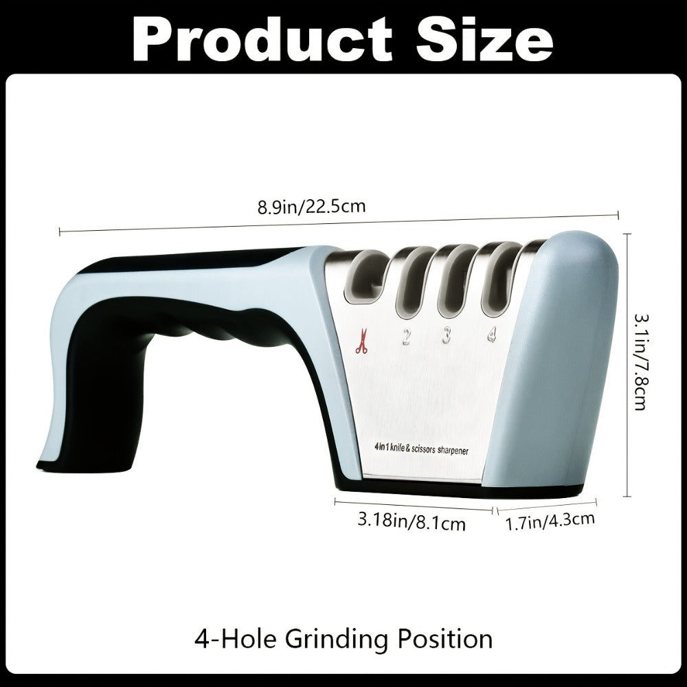 Four-Stage Manual Knife and Scissors Sharpener in Grey with Curved Handle and Four Guided Slots