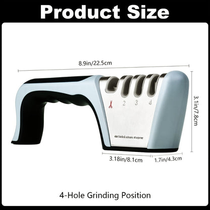 Four-Stage Manual Knife and Scissors Sharpener in Grey with Curved Handle and Four Guided Slots