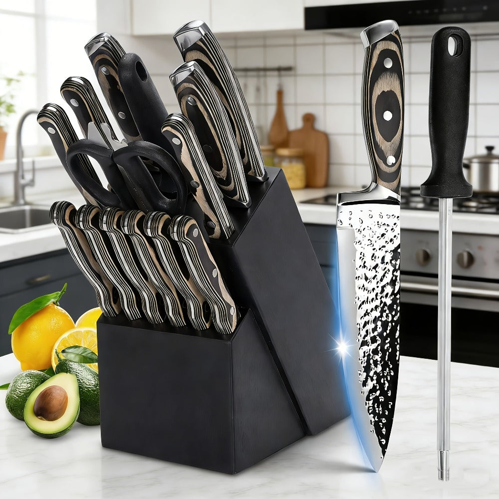 Kitchen Knife Set 15-Piece Hammered Stainless Steel with Steak Knives and Self-Sharpening Wood Block