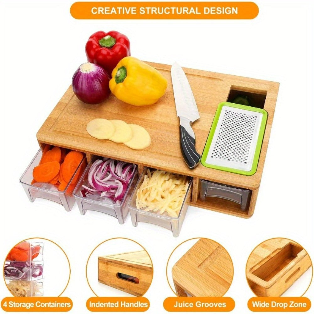 Bamboo Cutting Board Prep Station with Slide-Through Opening, Drawer Positions and Two-Tray Package Option