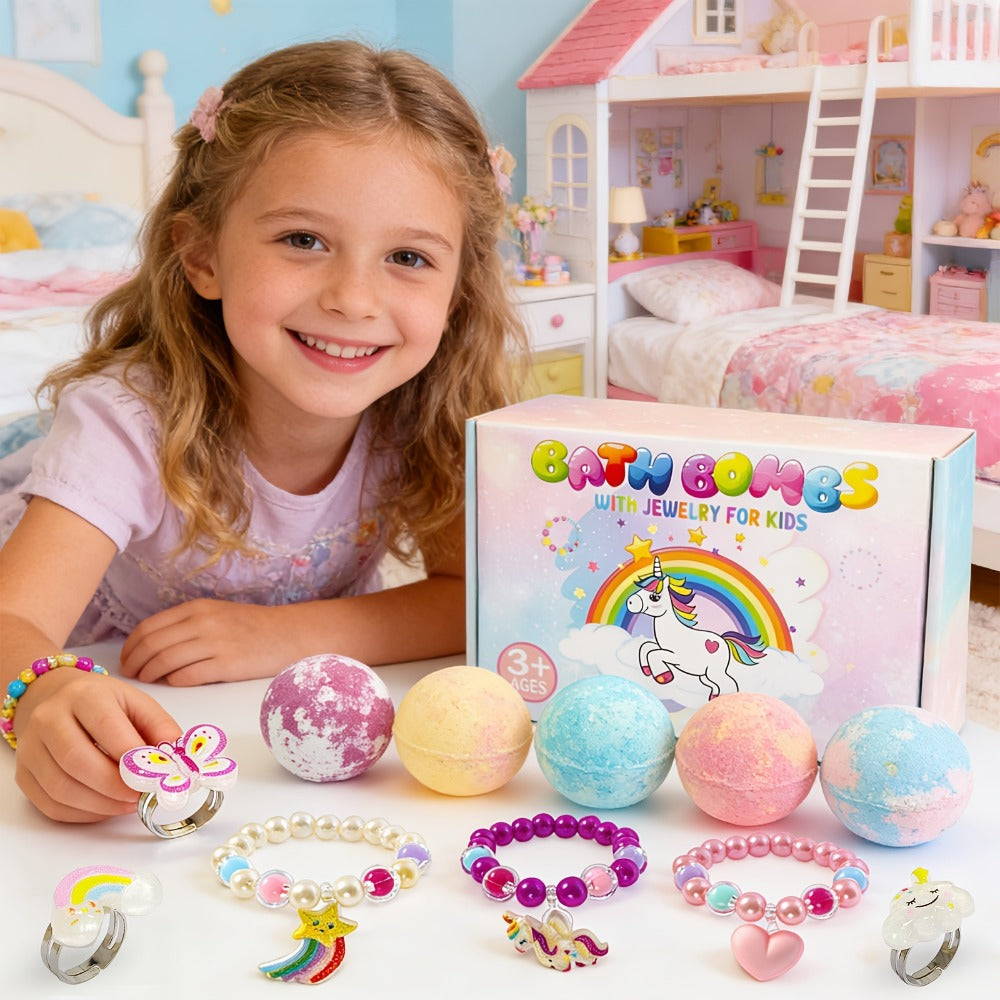 Bath Bombs, 6-Piece Unicorn Surprise Gift Set with Colorful Round Fizzers, Bracelet and Ring Accessories