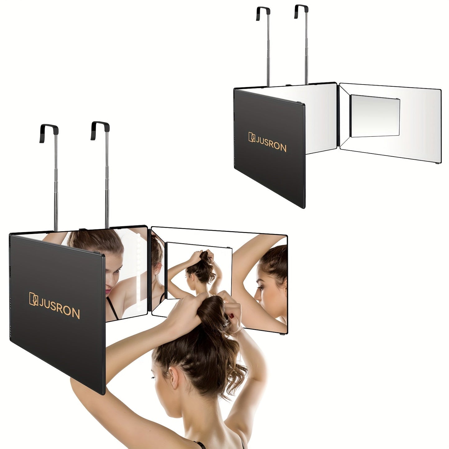 Three-Way Hair Cutting Mirror with Folding Panels, Adjustable Door Hooks and LED, Non-LED or Two-Pack Options