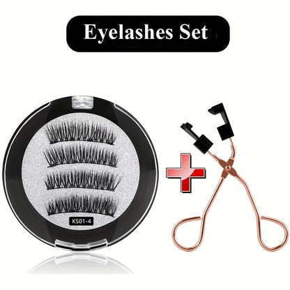 Magnetic False Eyelashes Kit with Eight Pairs, Round Storage Case and Metal Applicator Clip