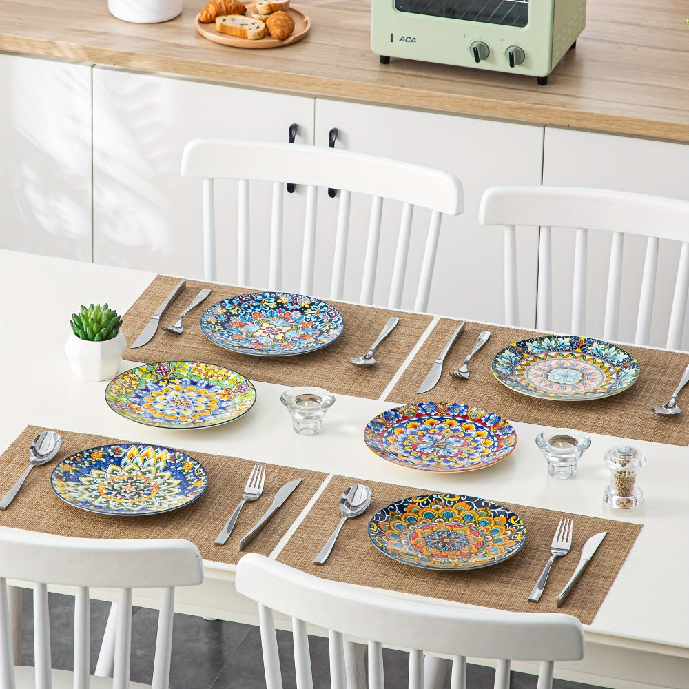Bohemian Ceramic Dessert Plate Set of 6 - 8.5 Inch Colorful Abstract Pattern Dinnerware, Glazed Porcelain Plates
