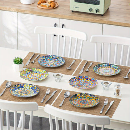 Bohemian Ceramic Dessert Plate Set of 6 - 8.5 Inch Colorful Abstract Pattern Dinnerware, Glazed Porcelain Plates