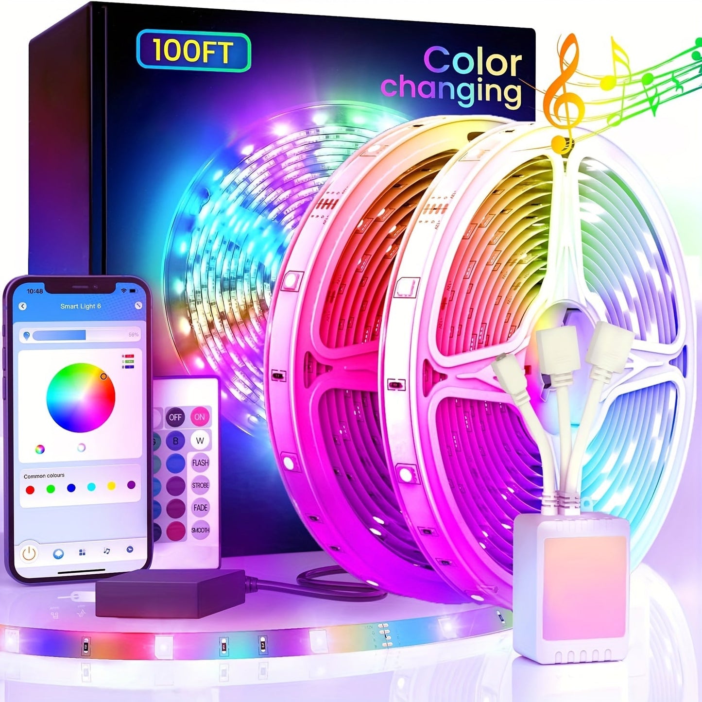 Smart APP Control LED Strip Lights 100FT 2 Rolls of 50FT - RGB Music Sync Color Changing 24V Safe Voltage Remote for Bedroom Living Room Gaming Room Party Home Decoration