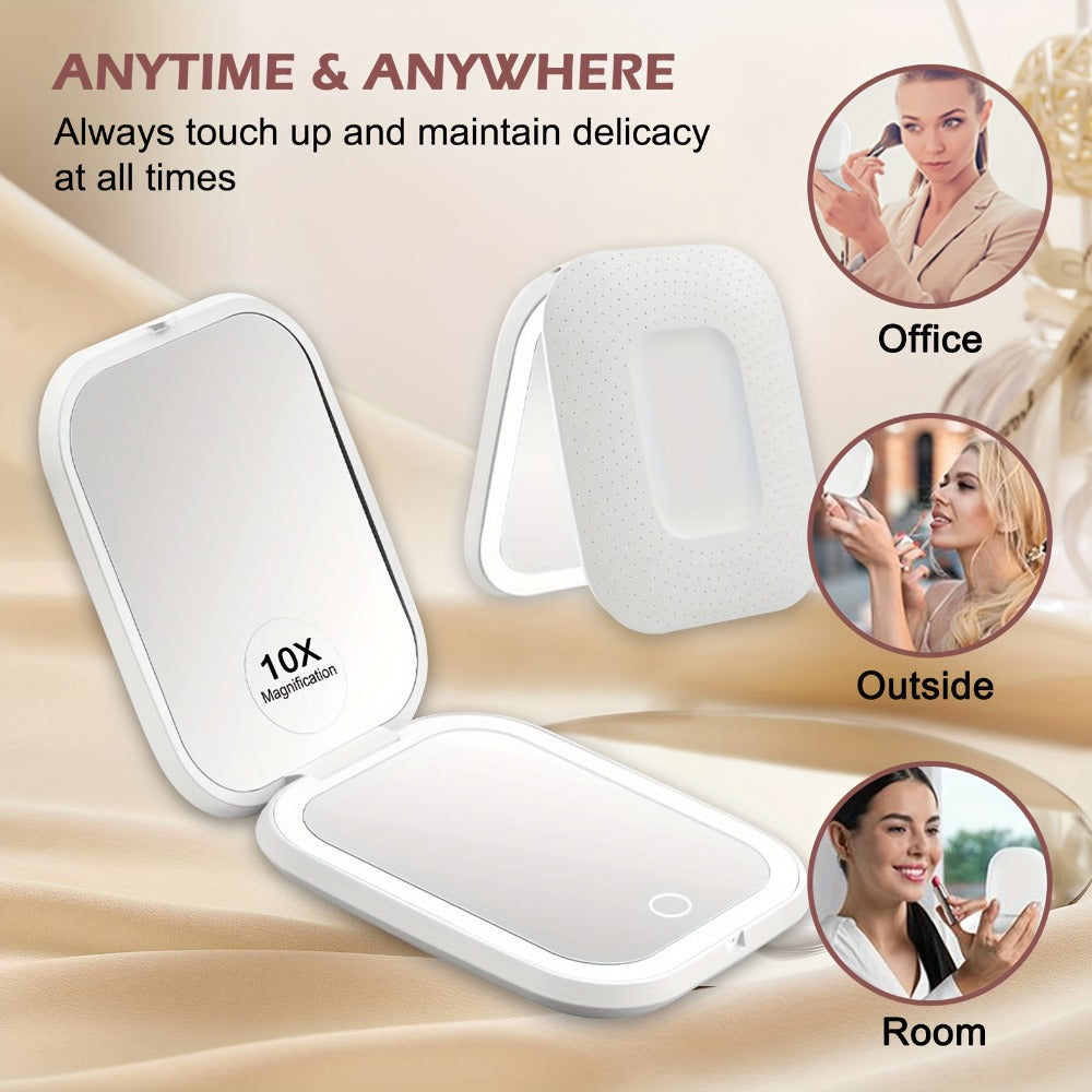 USB-Rechargeable LED Compact Mirror with 1X and 10X Sides, Three Light Colors and Pink or White Cases