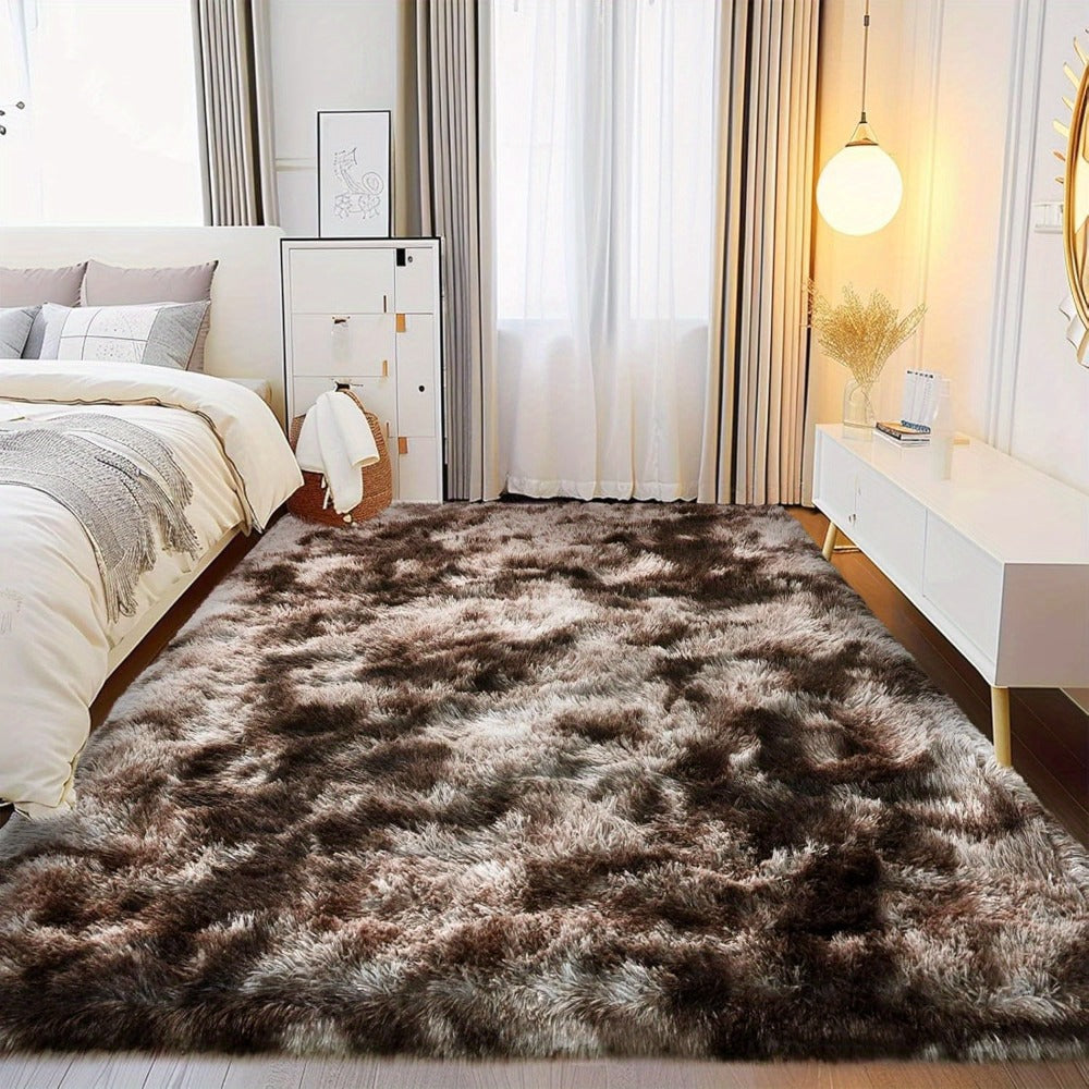 Area Rug, 6x9 Foot Tie-Dye Coffee Plush Shag Style with Machine-Wash Care and Source-Listed Backing