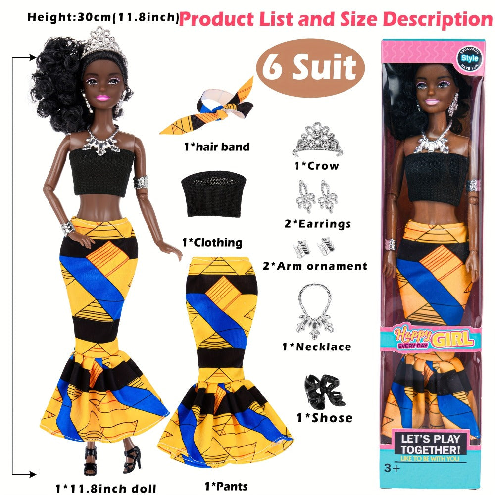 Six-Piece 11.5-Inch Fashion Doll Set with Curly-Hair Styles, Bohemian Outfits, Headbands and Jewelry