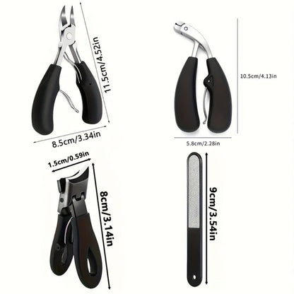 Heavy Duty Toenail Clipper Kit 4 Piece Stainless Steel | Convex Blade Ingrown Toenail Cutter with Nail File Ergonomic Non-Slip Handle | Thick Overgrown Nail Care Set for Men Women Seniors Diabetic Foot Care