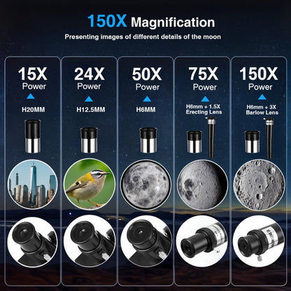 Monocular Telescope 150X with 3 Eyepieces, 70mm Aperture & Tripod – Portable Astronomical Refractor with Phone Holder & Barlow Lens, Easy Setup, Best Gift for Nature, Education & Stargazing