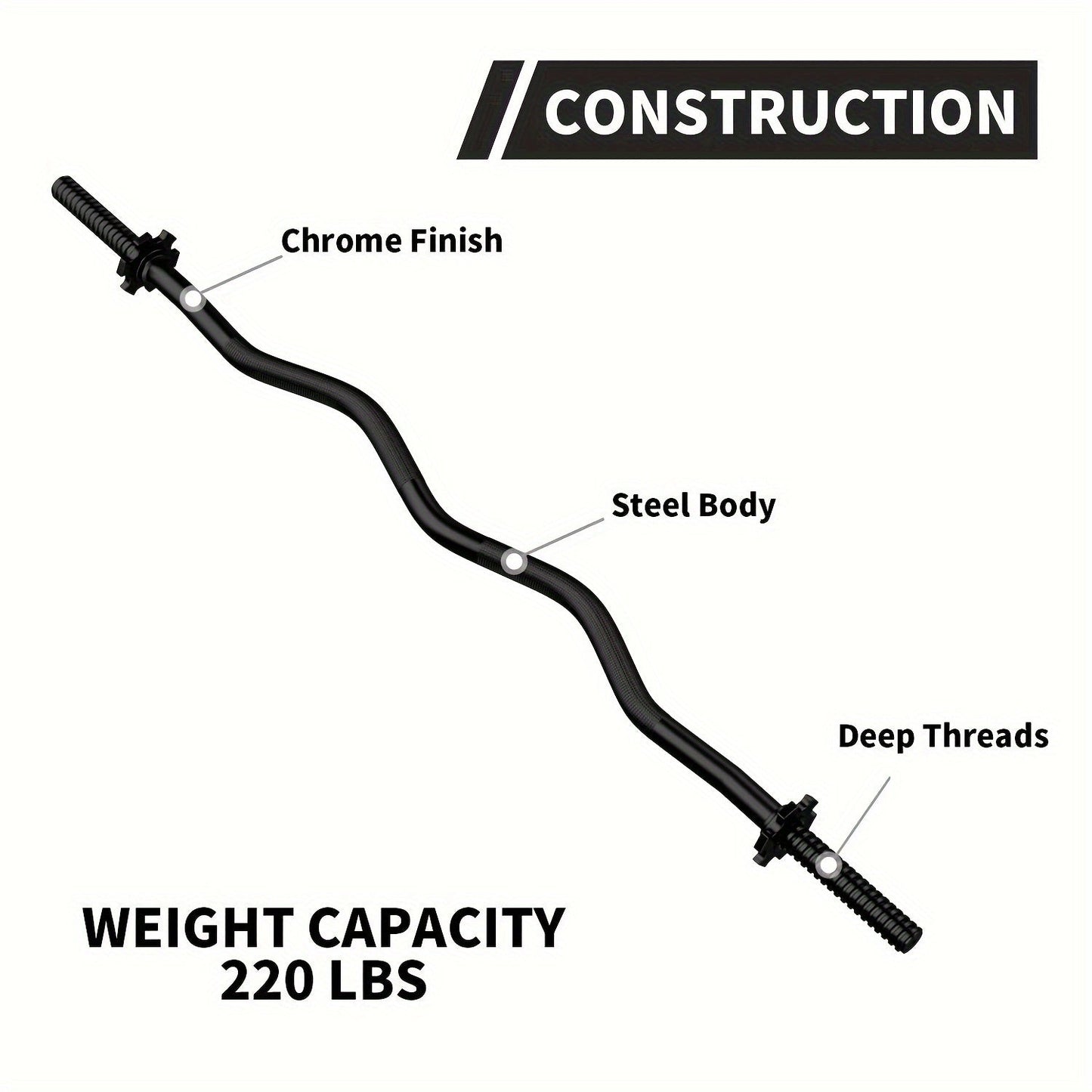 Fitness Equipment 47-Inch EZ Curl Bar with 1-Inch Plate Sleeves, Spin-Lock Collars and 220 lb Capacity