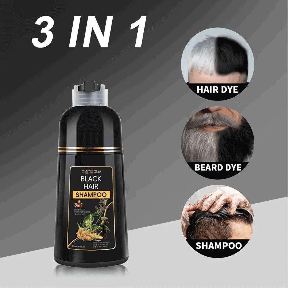 Black Hair Dye Shampoo 3-in-1 with Beard Dye & Cleanser - Natural Herbal Formula, Gentle Moisturizing Long-Lasting Gray Coverage for All Hair Types, Women & Men, 16.91oz x2 / 500ml x2
